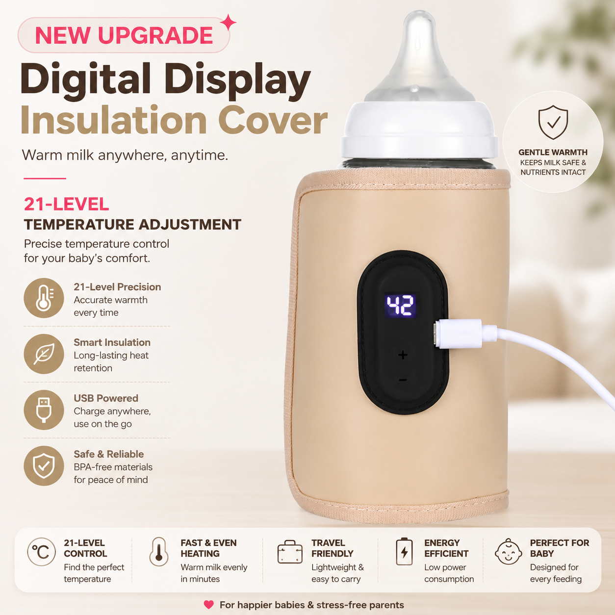 TINYEAS™ Portable USB Baby Bottle Warmer - Fast Heat Travel Bottle Warmer for Car, Stroller & Outdoor Parenting
